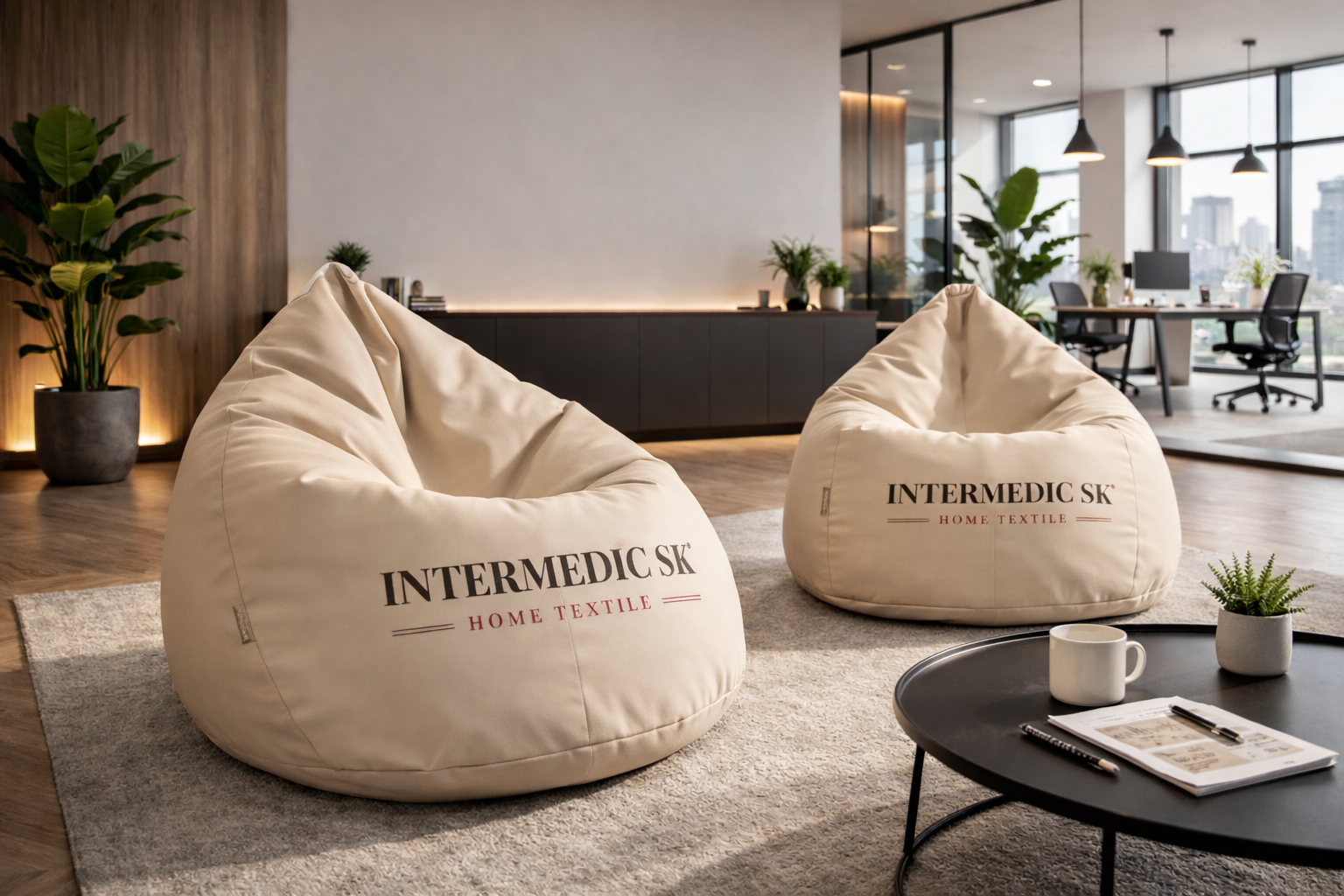 Reklamné sedacie vaky s logom INTERMEDIC SK v kancelárii